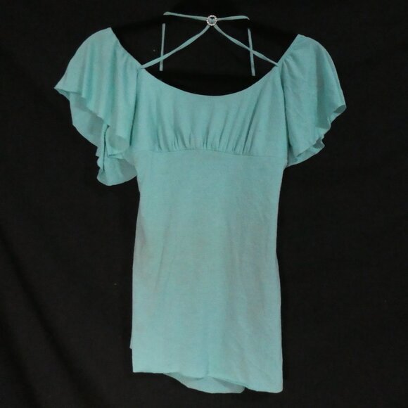 SIRENS | medium | Teal Off-Shoulder Ruffle Sleeve Dress | Dry Clean Only - Picture 1 of 13